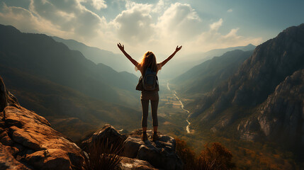 Fototapeta premium A woman with long hair standing on a rocky cliff, arms raised, overlooking a majestic mountain landscape at golden hour, dramatic sky and lighting, photorealistic, cinematic, trending on Artstation.