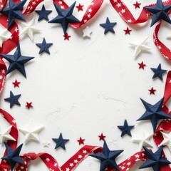A festive arrangement of red, white, and blue stars and ribbons on a light background, symbolizing patriotism, celebration, and national pride in an elegant style.
