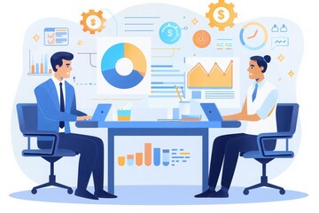 Two business professionals discussing data analysis and financial reports in a modern office setting with charts and graphs in the background.