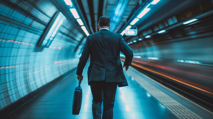 Rear back view of businessman in a suit running in an underground subway metro train station. Worker in a hurry, late for public transportation or travel to a work or job, employee in a rush, commuter