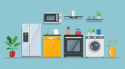 Vector illustration of modern kitchen appliances including refrigerator, dishwasher, microwave, range hood, oven, and washing machine.