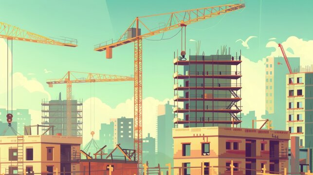 Vibrant construction site with cranes in action, erecting modern urban buildings against a clear sky.