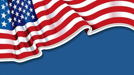 Obraz premium An artistic rendering of the United States flag with a rippling effect, situated over a blue background, epitomizing freedom and the vibrant American spirit in modern graphic art.