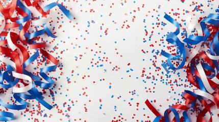 Close-up image of red, white, and blue ribbons and confetti on a white background, symbolizing celebration and patriotic themes with cheerful and lively elements.