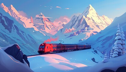 Train Travels Through Snowy Mountains, cartoon landscape