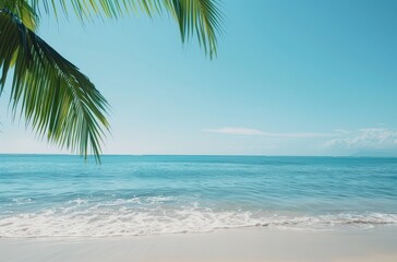 Obraz premium Tranquil beach scene with palm fronds framing a blue ocean and white sand. Perfect for vacation, travel, or summer themes.