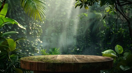 Wooden podium in tropical forest for product presentation, Generative Ai.