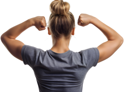 Rear back view of young woman flexing her arm muscles isolated on transparent background. Strong girl, fitness lifestyle, gym lady posing, athletic female