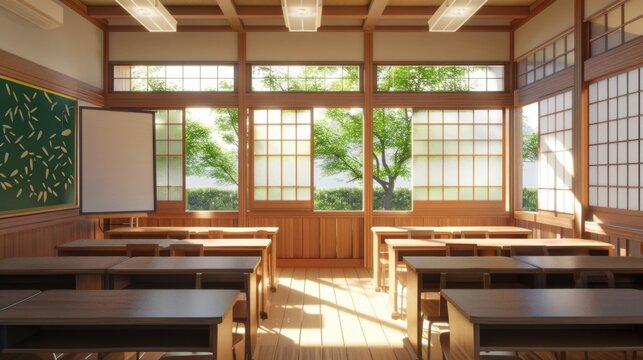 A traditional Japanese classroom with wooden furniture, shoji screens, and views of greenery outside, well-lit with natural light, creating a learning environment filled with cultural elements. - Powered by Adobe