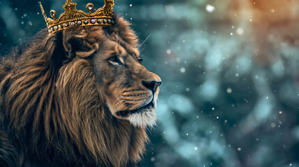 Side view face head portrait of lion king animal wearing a golden crown, copy space, snow falling, winter nature, standing outdoors. Royal wildcat power and strength, majestic leader wallpaper