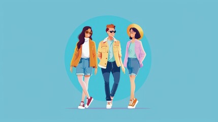 Obraz premium An illustration of three friends walking in stylish and colorful outfits against a minimalist blue background, symbolizing modern fashion and camaraderie.