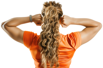 Rear back view of strong young woman, healthy fitness power lifestyle, athletic slim female posing, flexing muscles