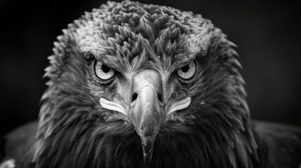 Fototapeta premium This black-and-white close-up captures the intense, focused stare of an eagle, highlighting its fierce eyes and detailed feathers, presenting a strong, timeless look.
