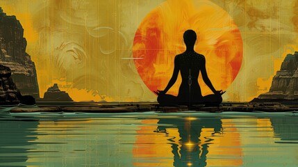  Digital yogi with energy flows, vector illustration with geometric shapes, urban twilight, clean lines, 