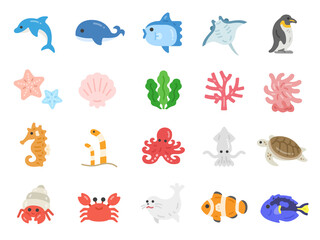 海の生物のアイコンのイラストセット
