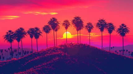 palm trees on a hill at the sunset, in the style of bold graphic illustrations, panorama, neo-geo minimalism