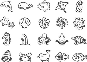 海の生物のアイコン（線画）のイラストセット  © R-DESIGN