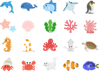 海の生物のアイコンのイラストセット
