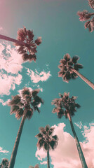 the palm trees are lined up against a sky and there is pink clouds, in the style of dark teal and dark violet