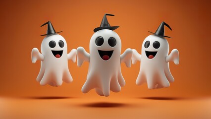 Funny 3D cartoon Halloween ghosts on an orange background.