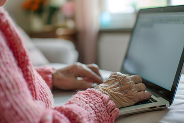 hand of an elderly person typing on a laptop, technology and seniors, scam, isolation, vulnerable