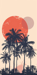 sunset and palm trees with sun silhouette in the background, in the style of graphic design-inspired