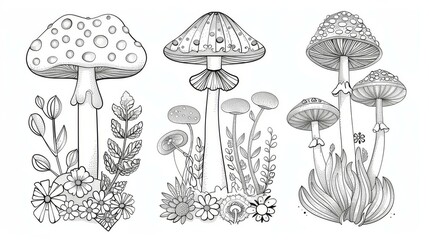 Detailed drawing of three distinct mushrooms of varying shapes and sizes, with various leaves, plants and wildflowers growing around them, creating a naturalistic scene.