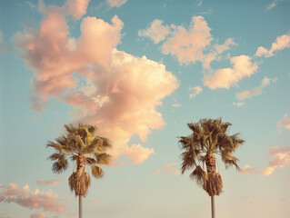 two palm trees against the sky at sunset, in the style of national geographic photography, atmospheric clouds