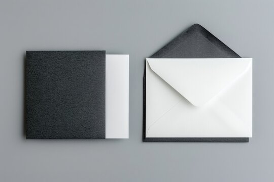 Minimalist black and white stationery set with envelopes and cards on a gray background.