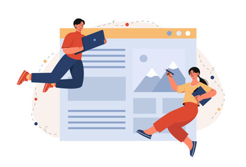 Fototapeta premium People with website. Man and woman with laptop and pencil near webpage site. Graphic designer create UI and UX elements. Freelancers and remote workers. Flat vector illustration