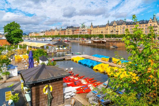 View from Djurgarden island of the waterfront Strandvagen Street promenade and boulevard in the Ostermalm district of central Stockholm, Sweden.