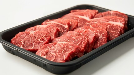 Packaged fresh raw beef steaks in black plastic tray on white background