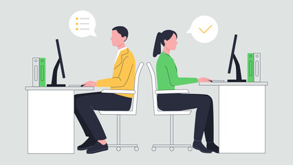 Woman and man at workplace. Man and woman sitting with laptops at their workplace. Organizing efficient work process in company. Colleagues and partners. Flat vector illustration