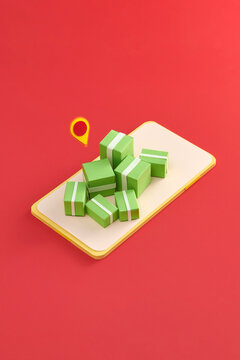 A red pin is placed on the green parcel boxes on a phone mockup