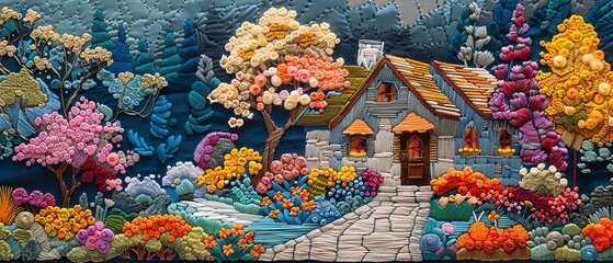 Colorful embroidery of a cozy cottage with vibrant floral surroundings