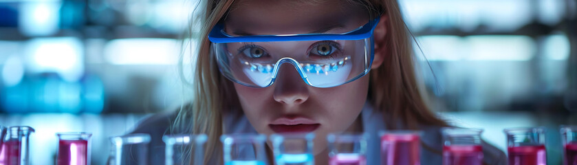 Young scientist, safety goggles, working with test tubes in a lab, blue lighting