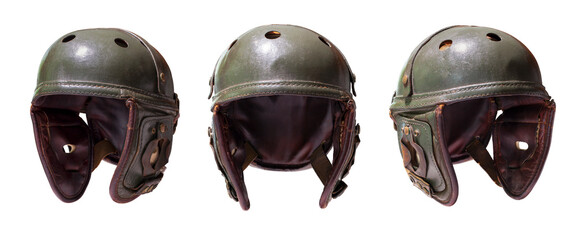 World War II tankers helmet at various angles isolated on a white background