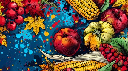 modern pop art thanksgiving banner featuring harvest foods like corn, apples, and squash in a playful and artistic composition for a contemporary fall theme