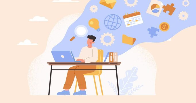 Man with workflow. Moving banner with young guy with laptop sitting in office. Hardworking manager or entrepreneur. Organizing efficient work process. Cartoon animated graphics