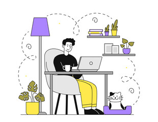 Man work from home. Freelancer and remote worker sitting with laptop. Developer and programmer. Earnings on internet. Online employee. Linear flat vector illustration