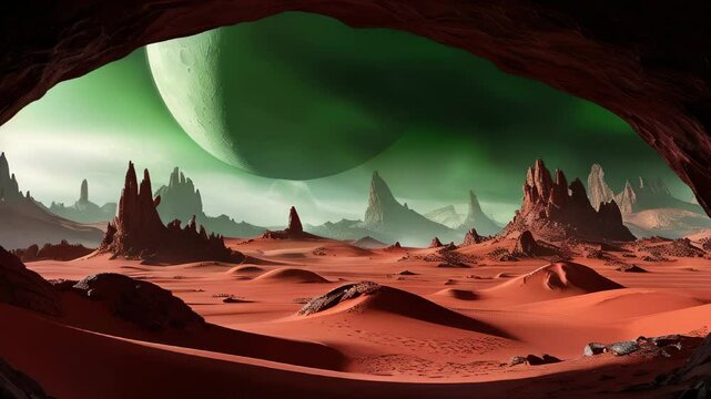Fantastic martian landscape in rusty orange shades, Mars surface, Desert, Cliffs, sand. Alien landscape. Red planet mars. High quality 4k footage