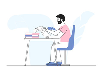 Man writer at desk. Young guy sits with piece of paper and pen. Creative person and copywriter. Talented author write novel or poem. Linear vector illustration