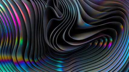 3D render of neon abstract layered holographic shapes