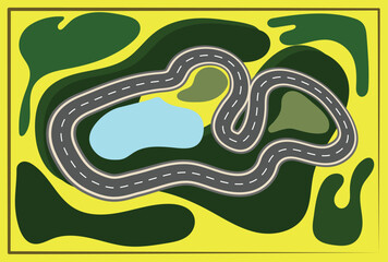 Winding road through a green landscape illustration. Race track