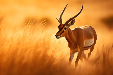 Golden Silhouette: An Iconic Portrait of a Majestic Antelope Galloping Powerfully Against a Sunset Savannah Backdrop