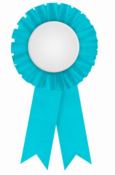 Winners rosette ribbon. Blank circular pleated turquoise with white center to apply a design. Used in sports, pageants and politics. Reform UK party style. Photographed on blank white background
