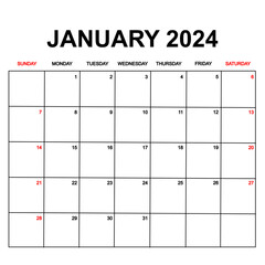 january 2024 with holydays or red dates. monthly calendar design with week starts on sunday. printable, simple, and clean vector design isolated on white background.