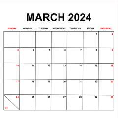 march 2024 with holydays or red dates. monthly calendar design with week starts on sunday. printable, simple, and clean vector design isolated on white background.