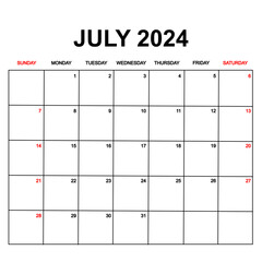 july 2024 with holydays or red dates. monthly calendar design with week starts on sunday. printable, simple, and clean vector design isolated on white background.