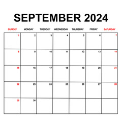 september 2024 with holydays or red dates. monthly calendar design with week starts on sunday. printable, simple, and clean vector design isolated on white background.